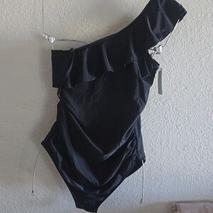 Asymmetric Ruffle One-Shoulder Swim Bodysuit - Black